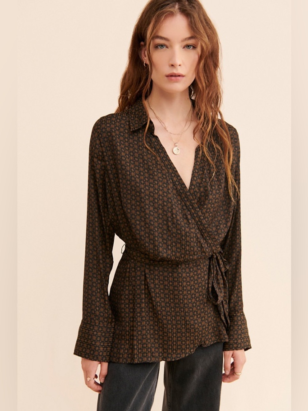 Free People Arlo Silky Foulard Printed Wrap Tunic Blouse Long Sleeve Size Small